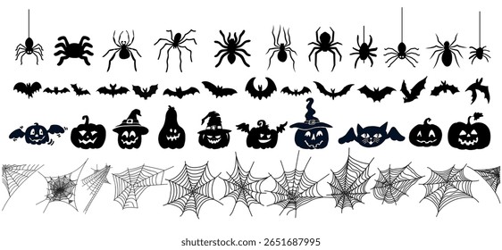 Conjunto de elementos de Halloween silhuetas, morcegos, aranhas, abóboras e teias de aranha. Elementos decorativos tradicionais de Halloween, com silhuetas de aranha preta e de teia para decoração de design. Ilustração vetorial.
