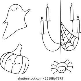 Conjunto de elementos de Halloween, elementos de rabiscar simples. Pode ser usado para livros de cores, adesivos.