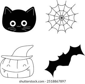 Set of Halloween elements, simple doodle elements. Can be used for color book, stickers.