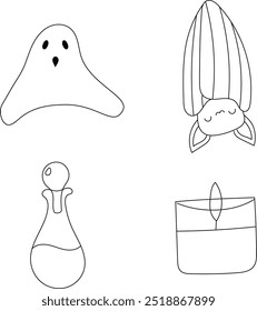 Set of Halloween elements, simple doodle elements. Can be used for color book, stickers.