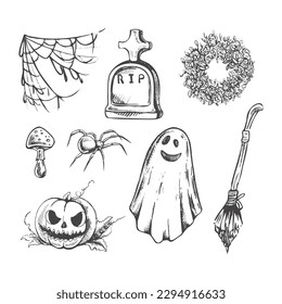 Set of halloween elements in sketch style. Hand drawn vector spider web, spider, tombstone, fly agaric, funeral wreath, scary pumpkin, broom and ghost  isolated on white  background.