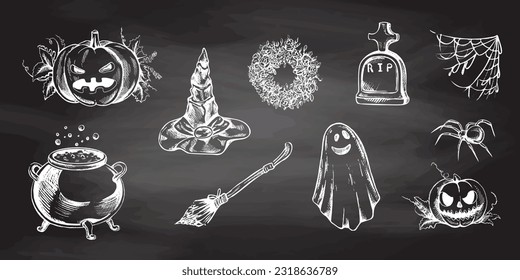 Set of halloween elements in sketch style. Design of witch, creepy and spooky elements for halloween decorations, sketch, icon. Hand drawn vector pointed hat, pumpkin, cauldron, broom, spider, spider.