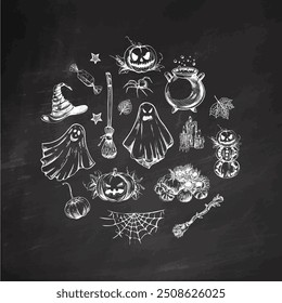 Set of halloween elements in sketch style. Design of  ghosts, creepy and spooky elements for halloween decorations in circle, sketch, icon. Hand drawn vector isolated on chalkboard  background.