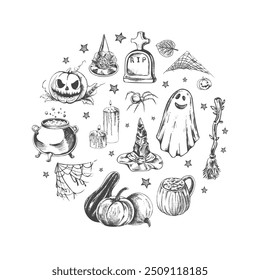 Set of halloween elements in sketch style. Design of  ghosts, creepy and spooky elements for halloween decorations in circle, sketch, icon. Hand drawn vector isolated on white background.