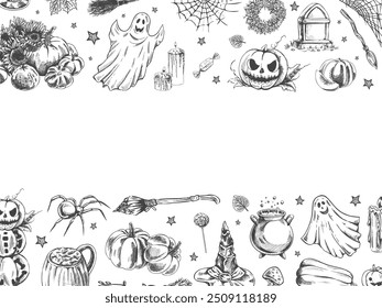Satz von Halloween-Elementen im Skizzenstil. Design von Geistern, gruselige und gruselige Elemente für Halloween Dekorationen, Skizze, Ikone. Handgezeichnete Vektorvorlage 
