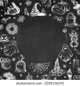 Set of halloween elements in sketch style. Design of  ghosts, creepy and spooky elements for halloween decorations in circle, sketch, icon. Hand drawn vector template on checkered background.