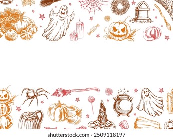 Conjunto de Elementos de halloween en estilo sketch. Diseño de fantasmas, Elementos espeluznantes y espeluznantes para decoraciones de halloween, boceto, ícono. Dibujado a mano Plantilla de Vector 