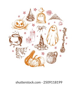 Set of halloween elements in sketch style. Design of  ghosts, creepy and spooky elements for halloween decorations in circle, sketch, icon. Hand drawn vector isolated on white background.