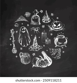 Satz von Halloween-Elementen im Skizzenstil. Design von Geistern, gruselige und gruselige Elemente für Halloween Dekorationen im Kreis, Skizze, Ikone. Handgezeichneter Vektor einzeln auf Kreidetafelhintergrund.