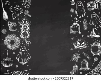 Conjunto de Elementos de halloween en estilo sketch. Diseño de fantasmas, Elementos espeluznantes y espeluznantes para decoraciones de halloween, boceto, ícono. Plantilla de Vector dibujado a mano sobre fondo de pizarra.