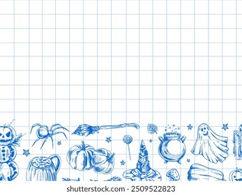 Set of halloween elements in sketch style. Design of  ghosts, creepy and spooky elements for halloween decorations, sketch, icon. Hand drawn vector template on checkered background.