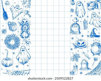 Set of halloween elements in sketch style. Design of  ghosts, creepy and spooky elements for halloween decorations, sketch, icon. Hand drawn vector template on checkered background.