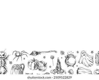 Set of halloween elements in sketch style. Design of  ghosts, creepy and spooky elements for halloween decorations, sketch, icon. Hand drawn vector template 