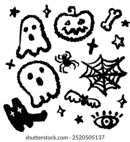 set of halloween elements in sketch style. Design of ghost, pumpkin, spider, black cat, eyeball creepy scary elements for halloween decorations, sketch, icon. Hand drawn vector, brush style, crayon