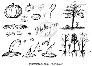 Set of Halloween elements. Sketch style. Pumpkin, bat, hat, lid, cat, spiders and trees.