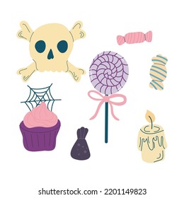 Set of Halloween elements:  skull, cupcake with  spider web,  lollipop, candy,  candle. Perfect for scrapbooking, greeting card, party invitation, poster, tag, sticker.