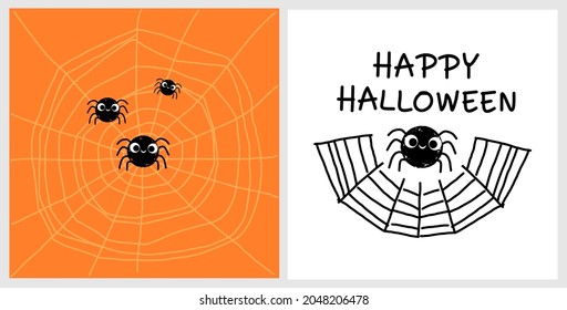 Set of Halloween elements with spiderweb, spider cartoons, hand written font on orange and white background vector illustration. 