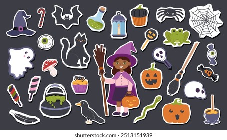 Set of Halloween elements stickers on black background. Halloween concept. Halloween objects.