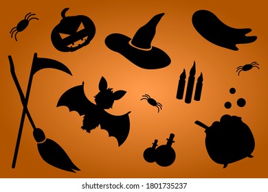 Set of halloween elements such as bat, ghost, pumpkin, potion, candles, spider, hat, scythe, broom. Happy halloween.