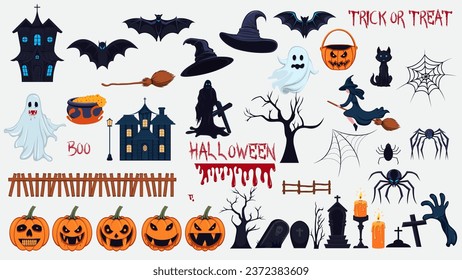 Conjunto de elementos de Halloween como calabazas, fantasmas, murciélagos, arañas, brujas y otros. aislado en un fondo blanco. colección vectorial halloween