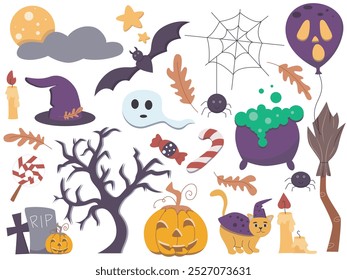 Set Halloween elements and symbols. Cute cat, ghost mouse, tree, cemetery with cross and tombstone, pumpkin face, spider web with spider, moon, ghost and witch's potion. Collection of clip art, vector