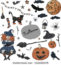 Set of Halloween elements and symbols in grey, blue and orange with "Halloween" lettering, witch, black cat, broom, bats, spiders, crowns, pumpkins, moon, lanterns. Isolated for  custom design, print.