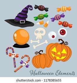 Set of Halloween elements and symbols with witches hat, candy,magic ball, candy cane, candy corn, skull with bone, eye ball and Halloween pumpkins. Vector illustration.