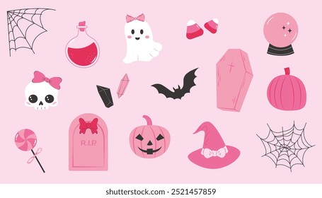 Set of Halloween elements. A trendy coquette style. Vector illustration