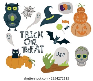 Set of Halloween elements. Vector set of autumn elements with web, hat, bat, pumpkins, ghosts, cat, zombie, skull, owl and sweets. Trick or Treats lettering. Vector collection.
