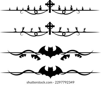 set of halloween elements. Vector set of black silhouettes of crosses, bats and spiders on a white background. Set Of Divider 