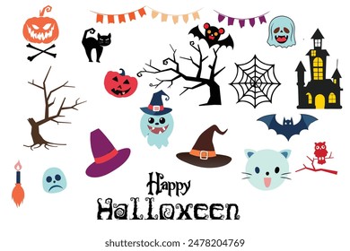 set of Halloween elements, vector, cute kids Halloween stickers Halloween icons set