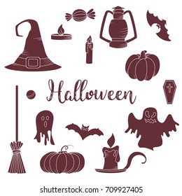 Set of halloween elements. Vector goast, pumpkin, hat icons. Spooky illustration