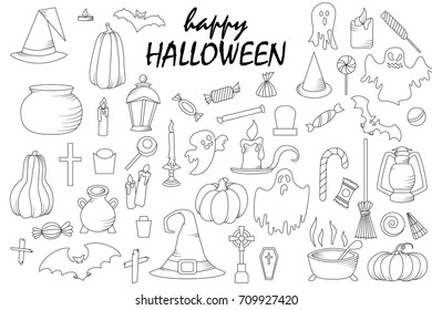 Set of halloween elements. Vector goast, pumpkin, hat icons. Spooky illustration