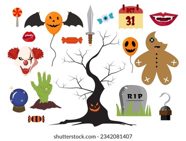 Set Halloween Elements Vector Illustration with Various Kinds of Things like Ghosts, Pumpkins, Skulls, Candies and More Cartoon Background Templates