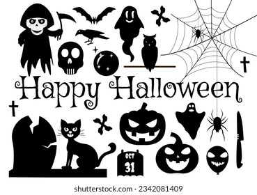 Definir elementos de Halloween Ilustración vectorial con varios tipos de cosas como fantasmas, calabazas, calaveras, caramelos y más plantillas de fondo de dibujos animados