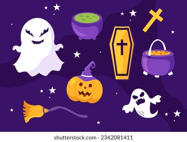 Set Halloween Elements Vector Illustration with Various Kinds of Things like Ghosts, Pumpkins, Skulls, Candies and More Cartoon Background Templates