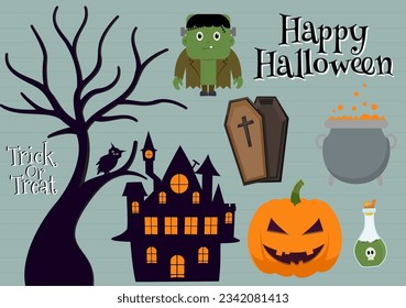 Set Halloween Elements Vector Illustration with Various Kinds of Things like Ghosts, Pumpkins, Skulls, Candies and More Cartoon Background Templates