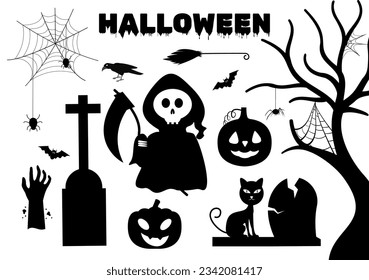 Set Halloween Elements Vector Illustration with Various Kinds of Things like Ghosts, Pumpkins, Skulls, Candies and More Cartoon Background Templates