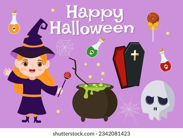 Set Halloween Elements Vector Illustration with Various Kinds of Things like Ghosts, Pumpkins, Skulls, Candies and More Cartoon Background Templates