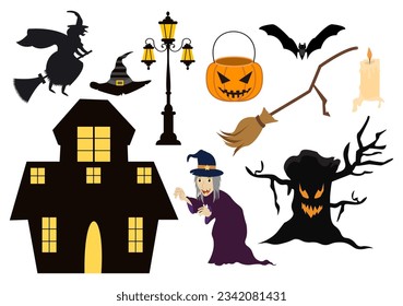 Set Halloween Elements Vector Illustration with Various Kinds of Things like Ghosts, Pumpkins, Skulls, Candies and More Cartoon Background Templates