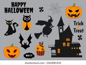 Definir elementos de Halloween Ilustración vectorial con varios tipos de cosas como fantasmas, calabazas, calaveras, caramelos y más plantillas de fondo de dibujos animados