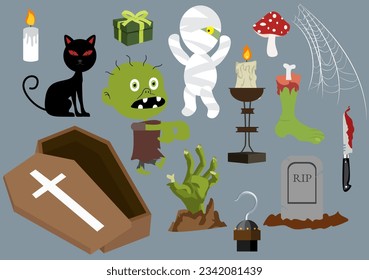 Set Halloween Elements Vector Illustration with Various Kinds of Things like Ghosts, Pumpkins, Skulls, Candies and More Cartoon Background Templates
