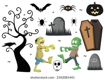 Set Halloween Elements Vector Illustration with Various Kinds of Things like Ghosts, Pumpkins, Skulls, Candies and More Cartoon Background Templates