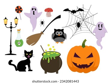 Set Halloween Elements Vector Illustration with Various Kinds of Things like Ghosts, Pumpkins, Skulls, Candies and More Cartoon Background Templates