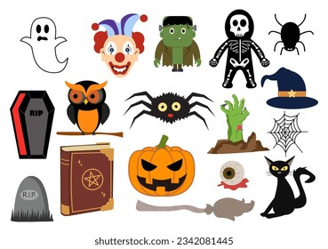 Set Halloween Elements Vector Illustration with Various Kinds of Things like Ghosts, Pumpkins, Skulls, Candies and More Cartoon Background Templates