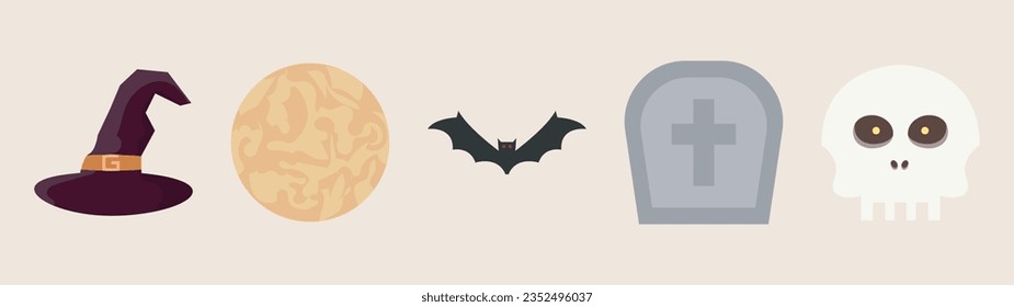 Set of Halloween elements vector. Includes hat, bat, tombstone, moon and skull. Vector Elements for Happy Halloween.