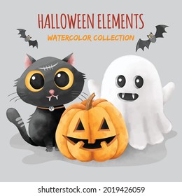 Set of halloween elements in watercolor style