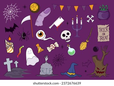 Set of Halloween elements: witch, ghost, mummy, skeleton, pumpkin, clown. Vector illustration set