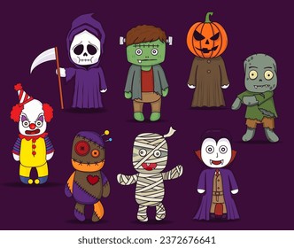 Set of Halloween elements: witch, ghost, mummy, skeleton, pumpkin, clown. Vector illustration set