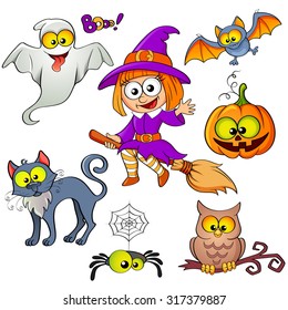 Set of Halloween elements. Witch, ghost, pumpkin, cat, owl, spider, bat